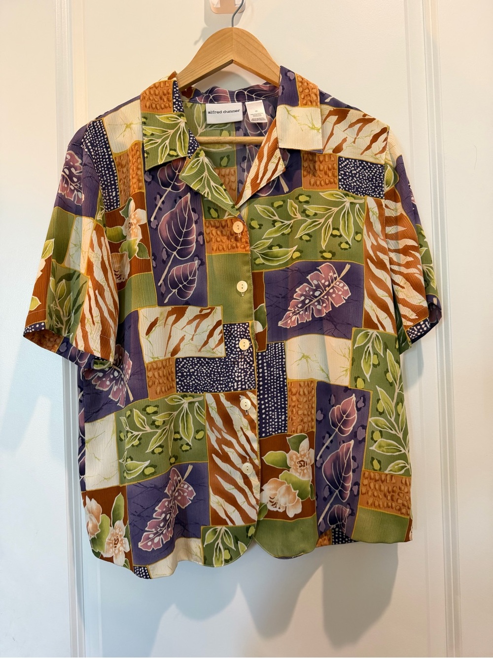 Vintage‎ Alfred Dunner Tropical Patchwork Button Front Blouse Womens 12 Purple